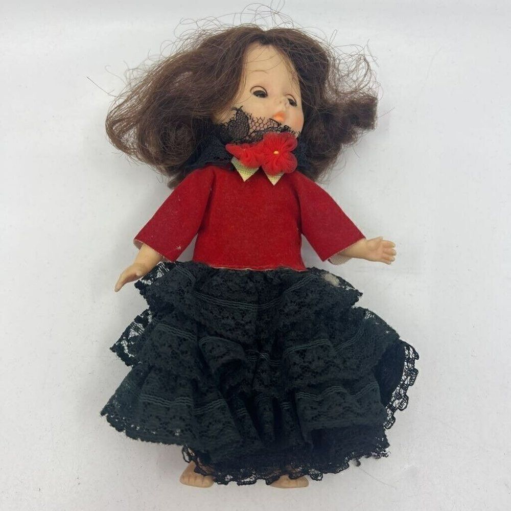 Vintage Spanish‎ Dancer Girl Doll Light Brown Hair Red Black Lace Ruffle Dress